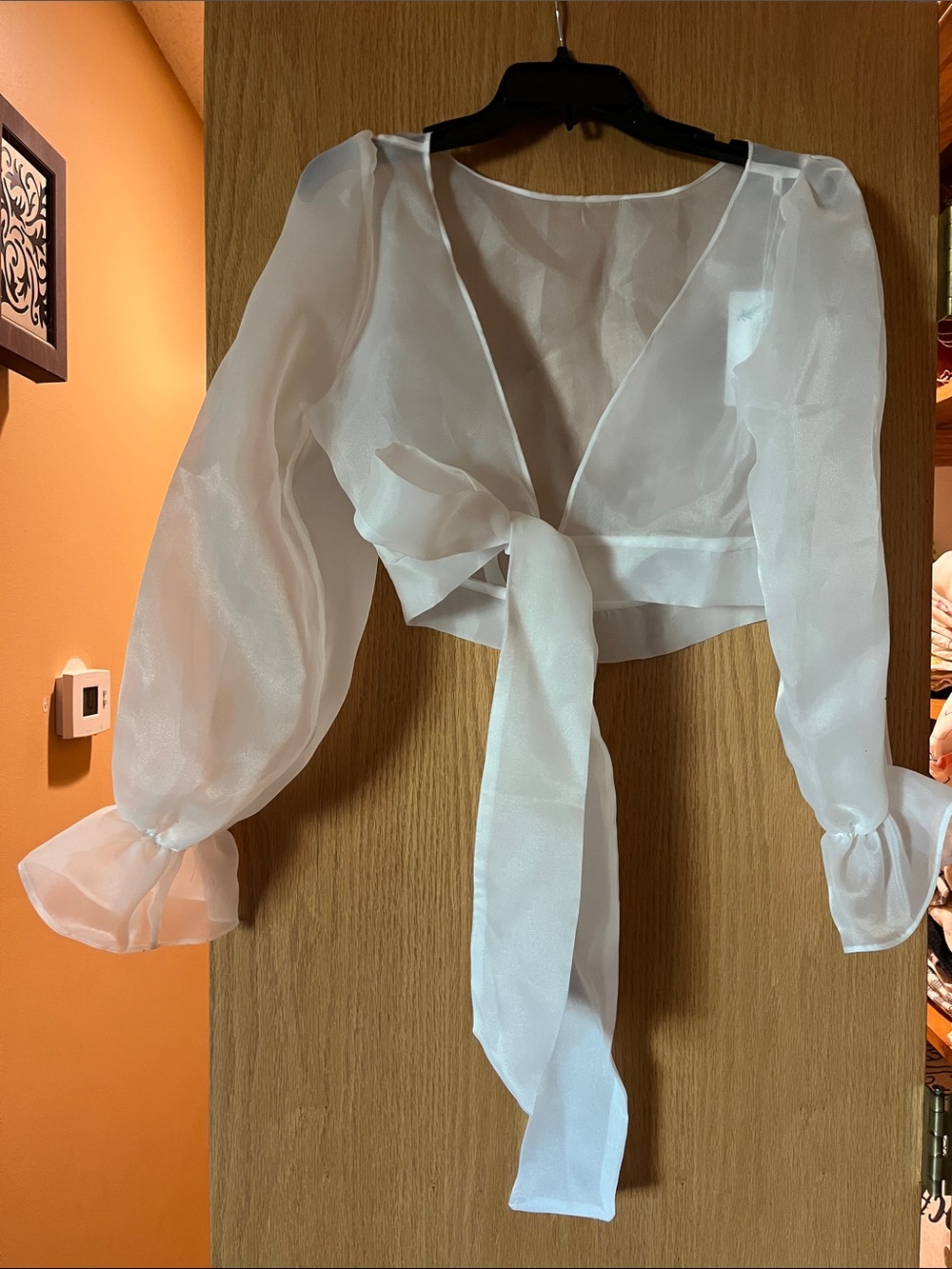 White Sheer Tie-Front Crop Blouse - Women